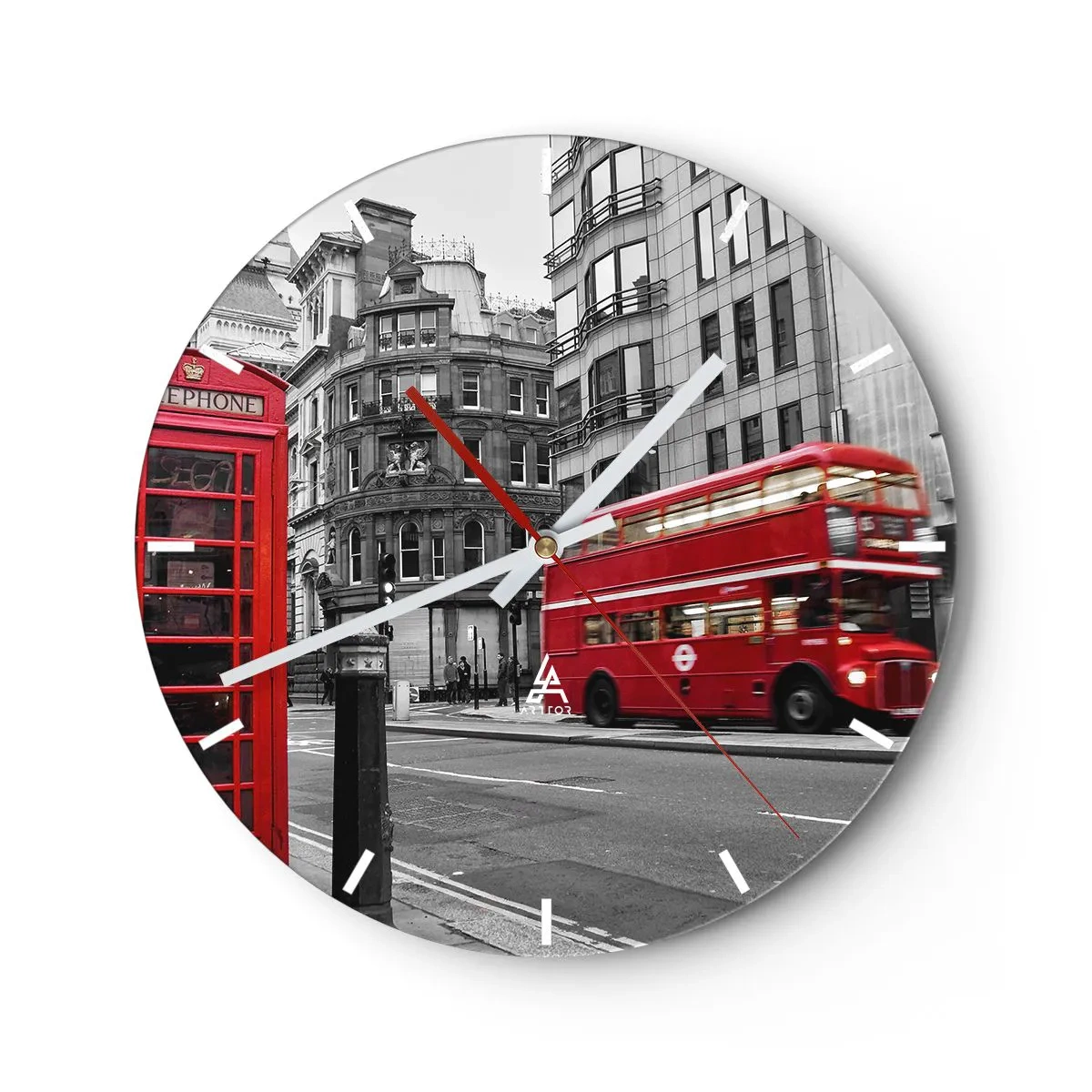 Horloge murale - Pendule murale - Un bus rouge et une cabine téléphonique avec en arrière-plan les rues de Londres. - 30x30cm - Le plus rouge d'Europe - Décoration murale moderne pour le salon, la cuisine et la chambre ARTTOR