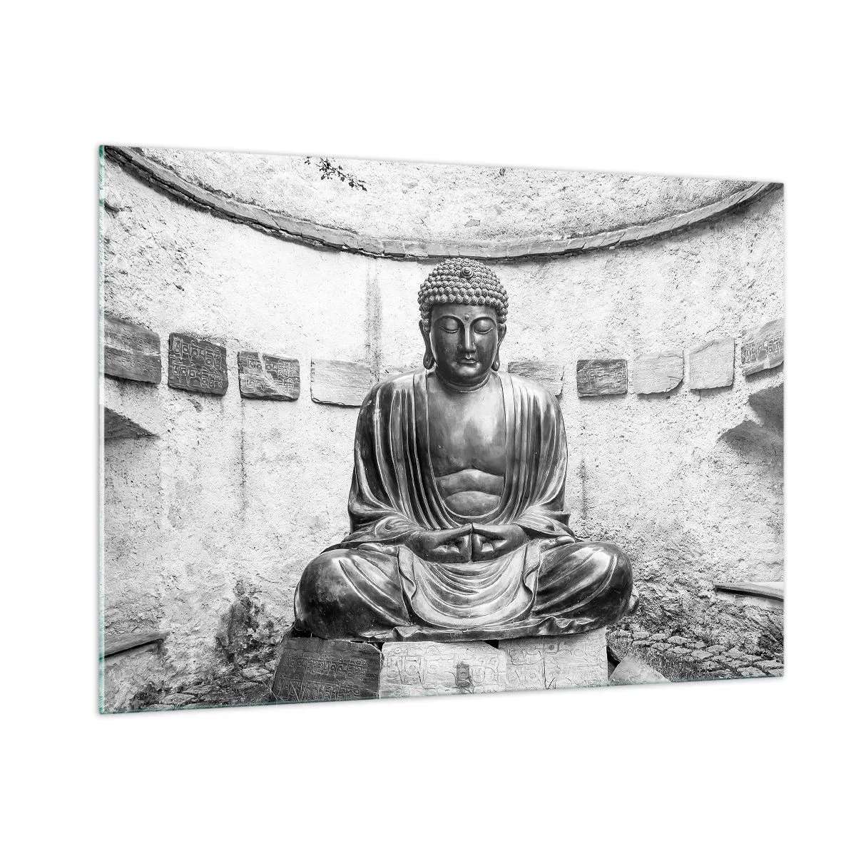 Impression sur verre - Image sur verre - Statue de Bouddha en noir et blanc dans une pose méditative - 100x70cm - A la source de la paix - Décoration murale moderne pour le salon et la chambre ARTTOR