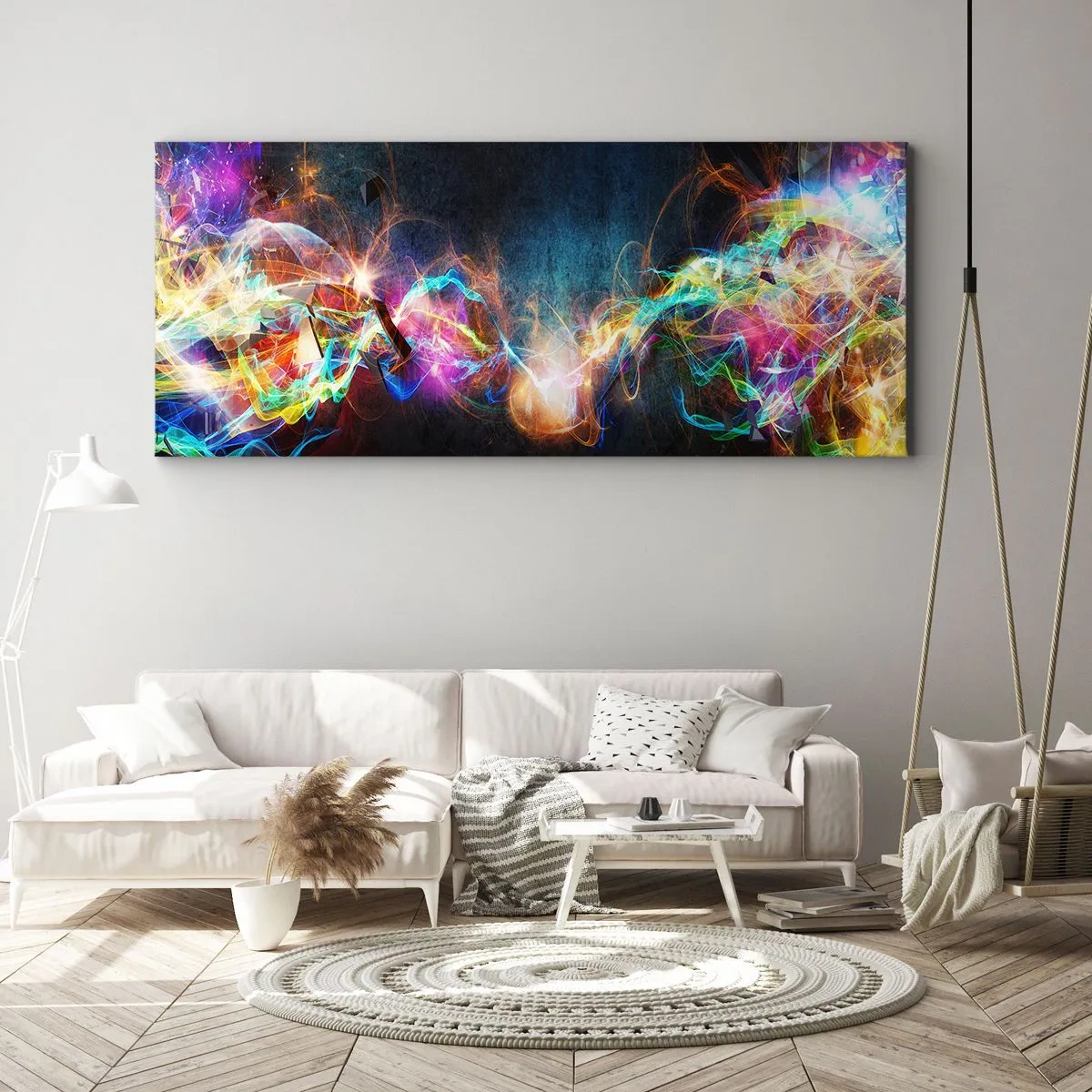 Impression sur toile - Image sur toile - Des éclairs de lumière colorés dans une composition abstraite - 140x50cm - Joyeusement contre l'obscurité - Décoration murale moderne pour le salon et la chambre ARTTOR