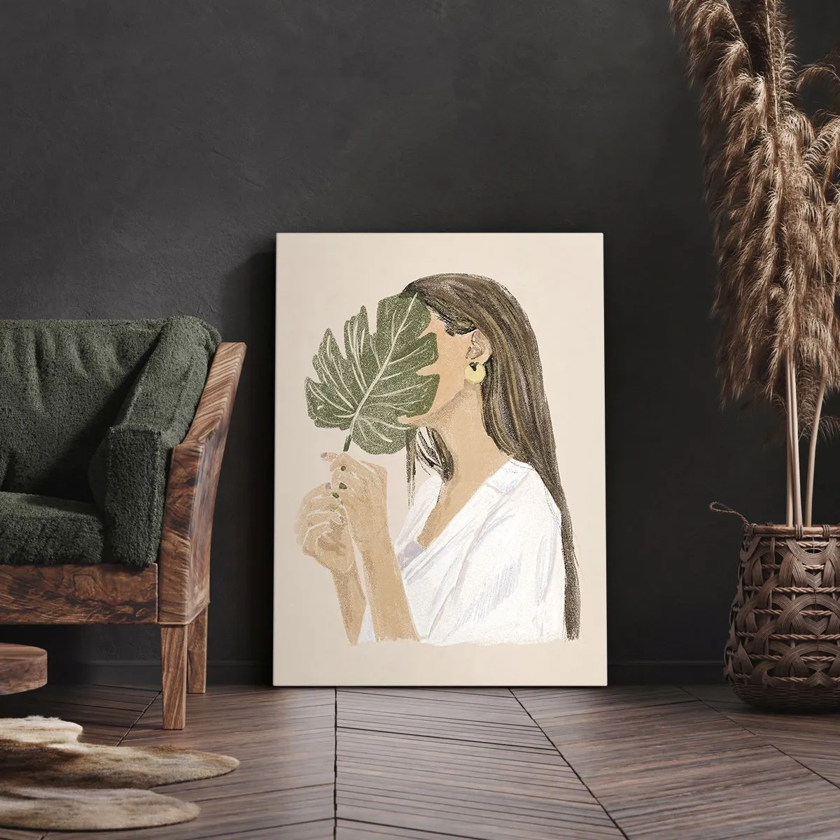Impression sur toile - Image sur toile - Portrait d'une femme avec une feuille de monstera sur fond beige - 50x70cm - Portrait mystérieux avec un éventail - Décoration murale moderne pour le salon et la chambre ARTTOR