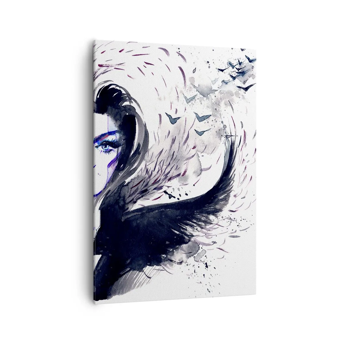 Impression sur toile - Image sur toile - Visage abstrait avec des éléments contrastés et un motif d'aile - 70x100cm - Démoniaque et belle - Décoration murale moderne pour le salon et la chambre ARTTOR