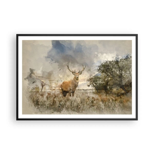 Affiche dans un cadre noir - Poster - Un cerf dans un cadre naturel dans un style aquarelle - 100x70cm - Dignité - force - majesté - Décoration murale moderne pour le salon et la chambre ARTTOR