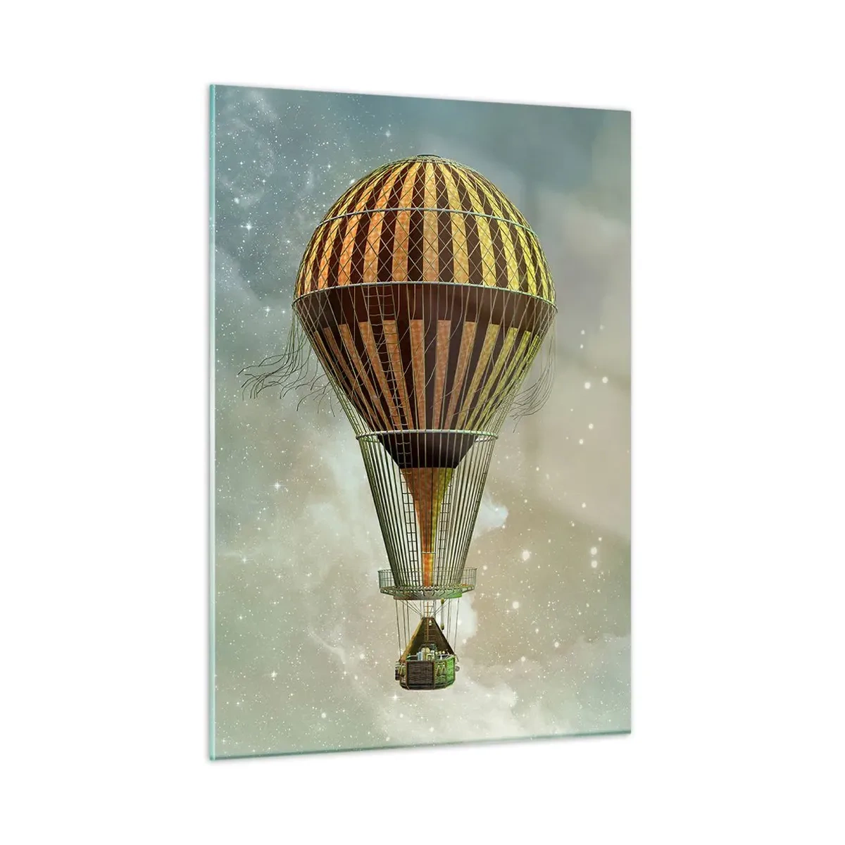 Impression sur verre - Image sur verre - Un ballon stylisé sur fond de ciel étoilé et de nuages. - 50x70cm - Vols pionniers - Décoration murale moderne pour le salon et la chambre ARTTOR