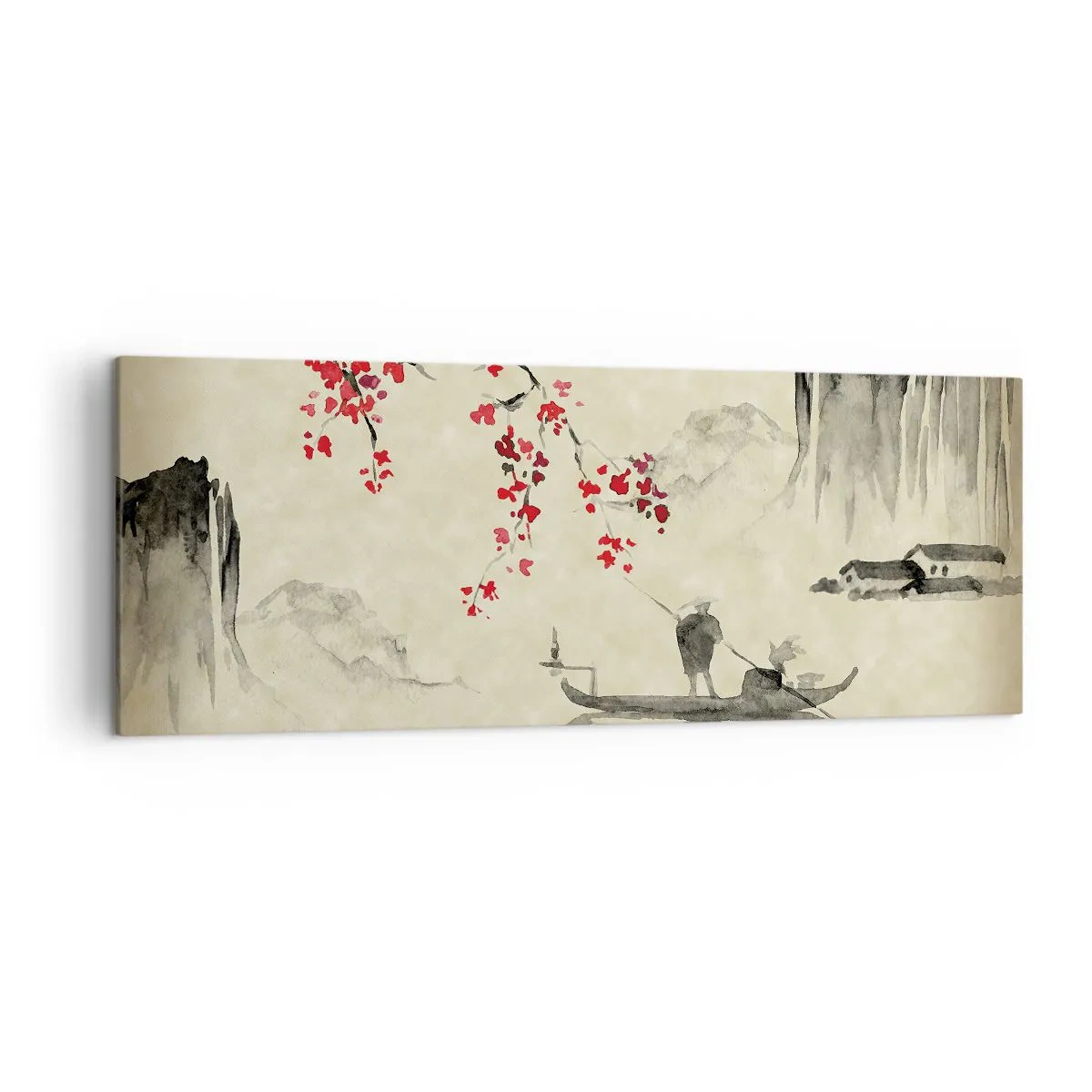Impression sur toile - Image sur toile - Illustration orientale avec un bateau et une branche fleurie - 140x50cm - Au pays des cerisiers en fleurs - Décoration murale moderne pour le salon et la chambre ARTTOR