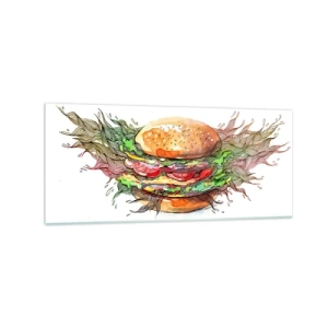 Impression sur verre - Image sur verre - Illustration artistique d'un burger avec des éléments dynamiques - 120x50cm - Tentation chaude - Décoration murale moderne pour le salon et la chambre ARTTOR