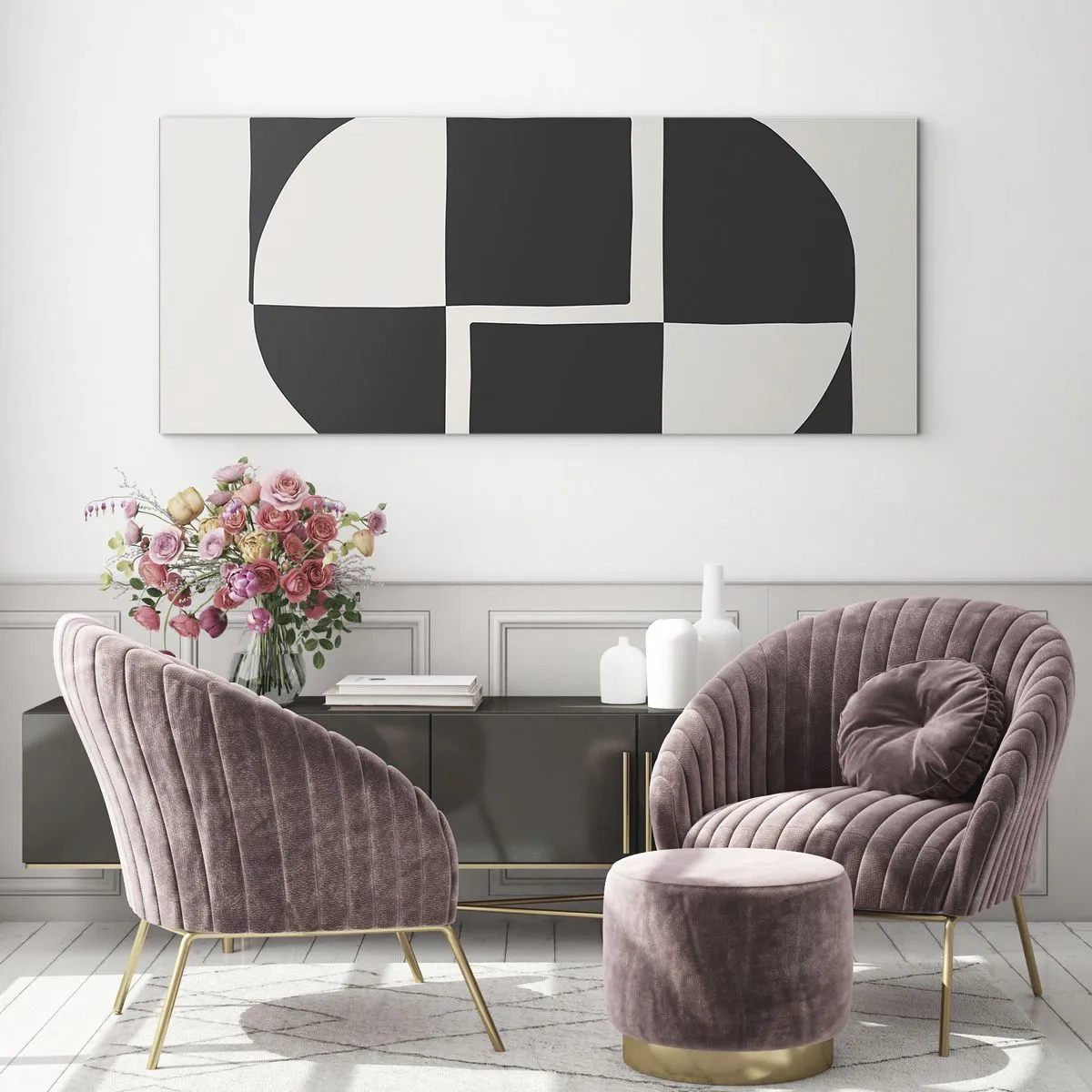 Impression sur verre - Image sur verre - Formes géométriques abstraites en noir et blanc - 120x50cm - Antithèse - Synthèse - Décoration murale moderne pour le salon et la chambre ARTTOR