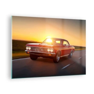 Impression sur verre - Image sur verre - Voiture classique rouge contre le soleil couchant - 70x50cm - Le désir est de couleur rouge - Décoration murale moderne pour le salon et la chambre ARTTOR