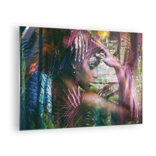Impression sur verre - Image sur verre - Portrait d'une femme parmi les feuilles tropicales et les reflets de lumière. - 70x50cm - Dame Nature dans la jungle - Décoration murale moderne pour le salon et la chambre ARTTOR