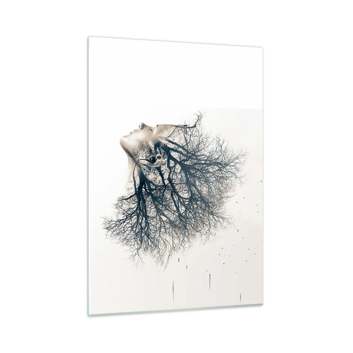 Impression sur verre - Image sur verre - Silhouette d'une femme avec des branches en guise de cheveux - 50x70cm - Écouter le murmure des arbres - Décoration murale moderne pour le salon et la chambre ARTTOR