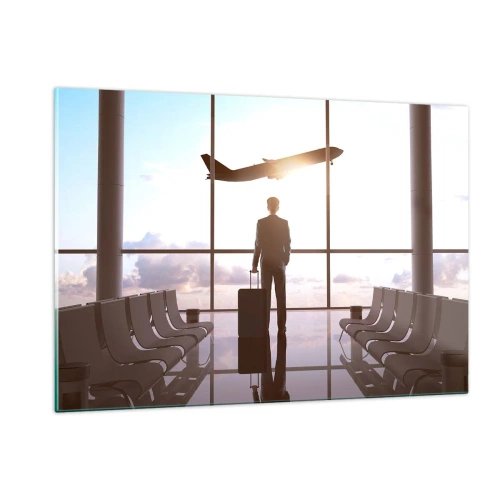 Impression sur verre - Image sur verre - Un homme avec une valise à l'aéroport regardant un avion décoller. - 120x80cm - Vous avez le temps, ralentissez - Décoration murale moderne pour le salon et la chambre ARTTOR