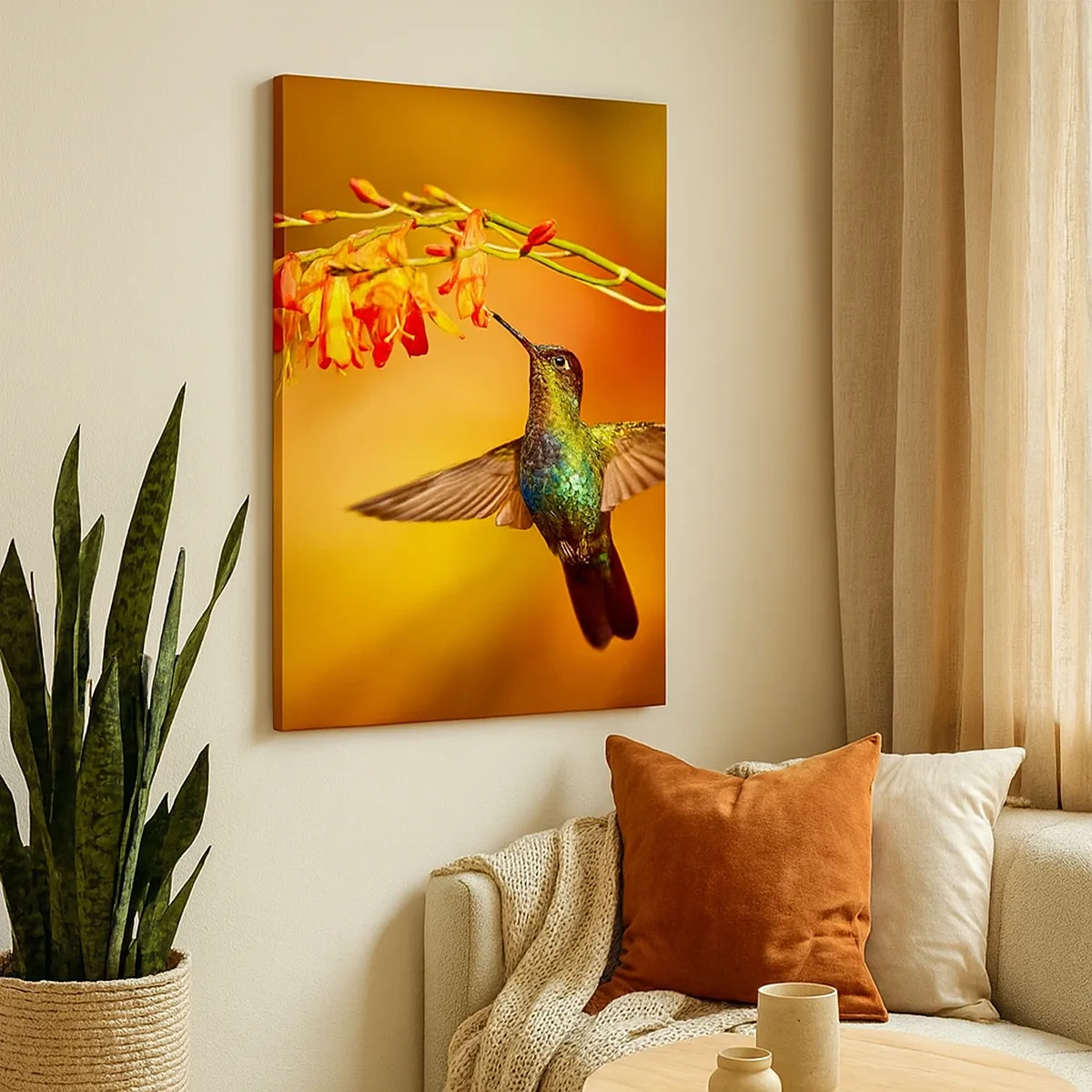 Impression sur toile - Image sur toile - Colibri près d'une fleur dans la lumière chaude - 50x70cm - Un messager de lumière selon les Mayas - Décoration murale moderne pour le salon et la chambre ARTTOR