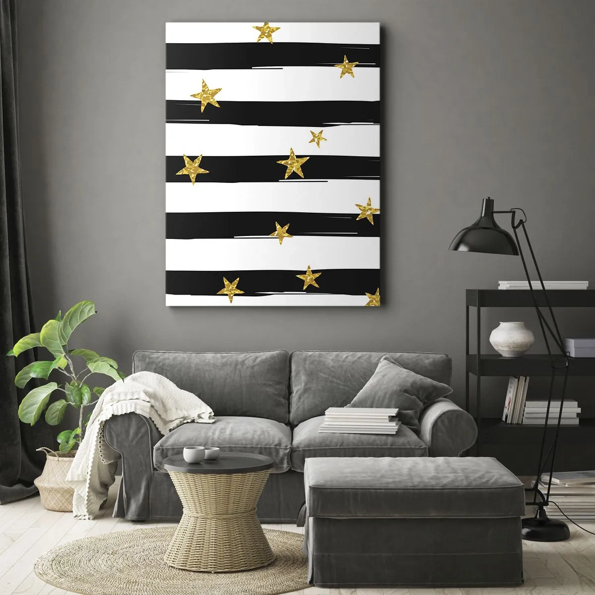 Impression sur toile - Image sur toile - Rayures noires et blanches avec étoiles dorées - 80x120cm - Nous sommes tous nés sous une bonne étoile - Décoration murale moderne pour le salon et la chambre ARTTOR
