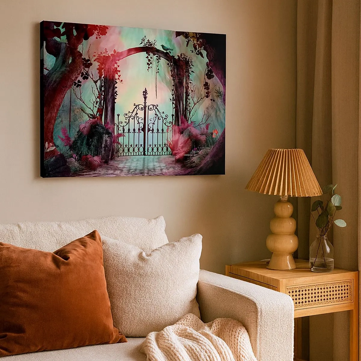 Impression sur toile - Image sur toile - Une entrée magique avec un portail en fer forgé entouré d'une végétation mystérieuse - 70x50cm - Jardin secret - Décoration murale moderne pour le salon et la chambre ARTTOR