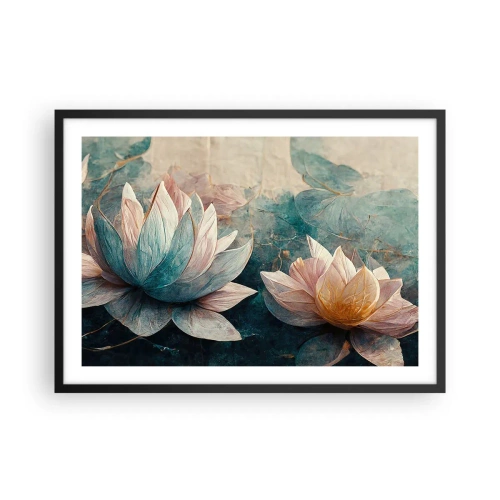 Affiche dans un cadre noir - Poster - De subtils nénuphars aux tons pastel de bleu et d'or - 70x50cm - Les étoiles du lac - Décoration murale moderne pour le salon et la chambre ARTTOR