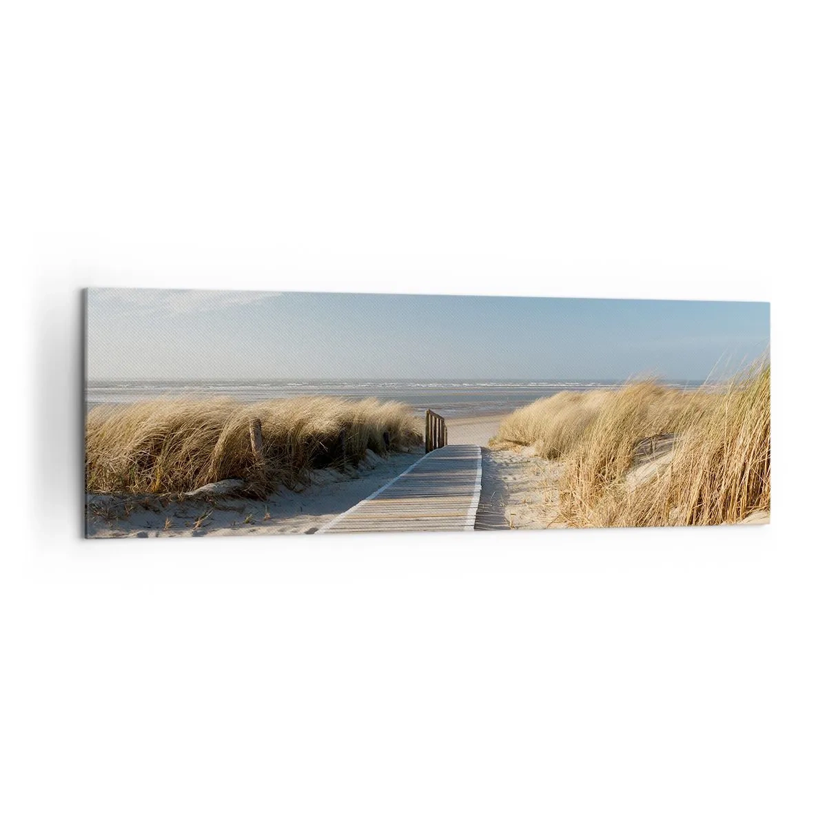 Impression sur toile - Image sur toile - Un chemin en bois mène à travers les dunes jusqu'à la mer calme - 160x50cm - Derrière la dune, dans le bruissement de l'herbe - Décoration murale moderne pour le salon et la chambre ARTTOR