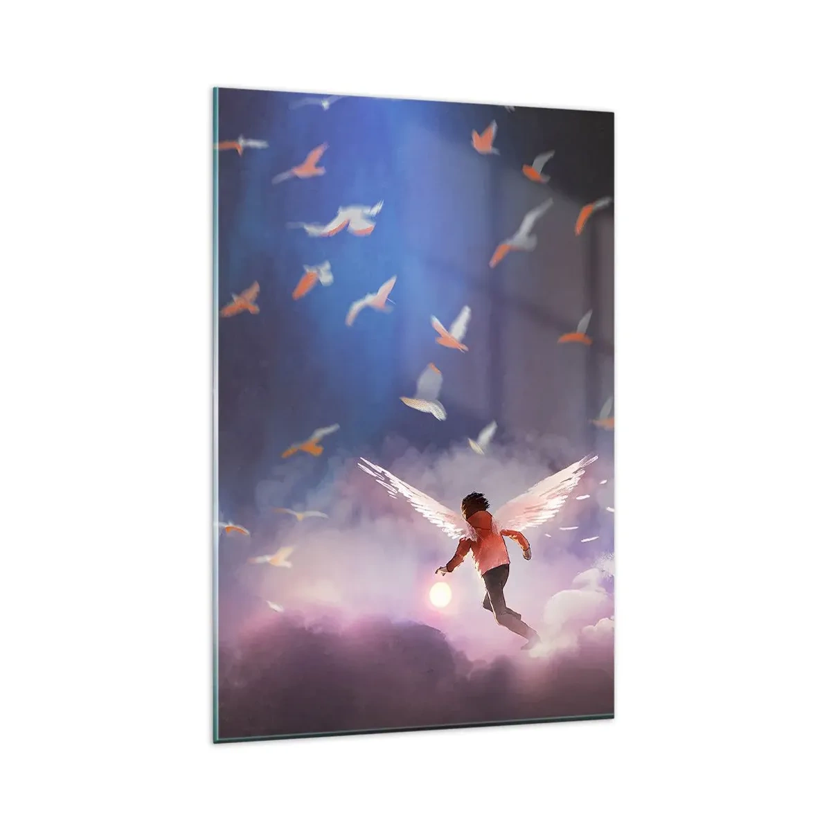 Impression sur verre - Image sur verre - Une figure avec des ailes d'ange flottant parmi les oiseaux dans le ciel - 80x120cm - Il faut de l'imagination et du courage - Décoration murale moderne pour le salon et la chambre ARTTOR