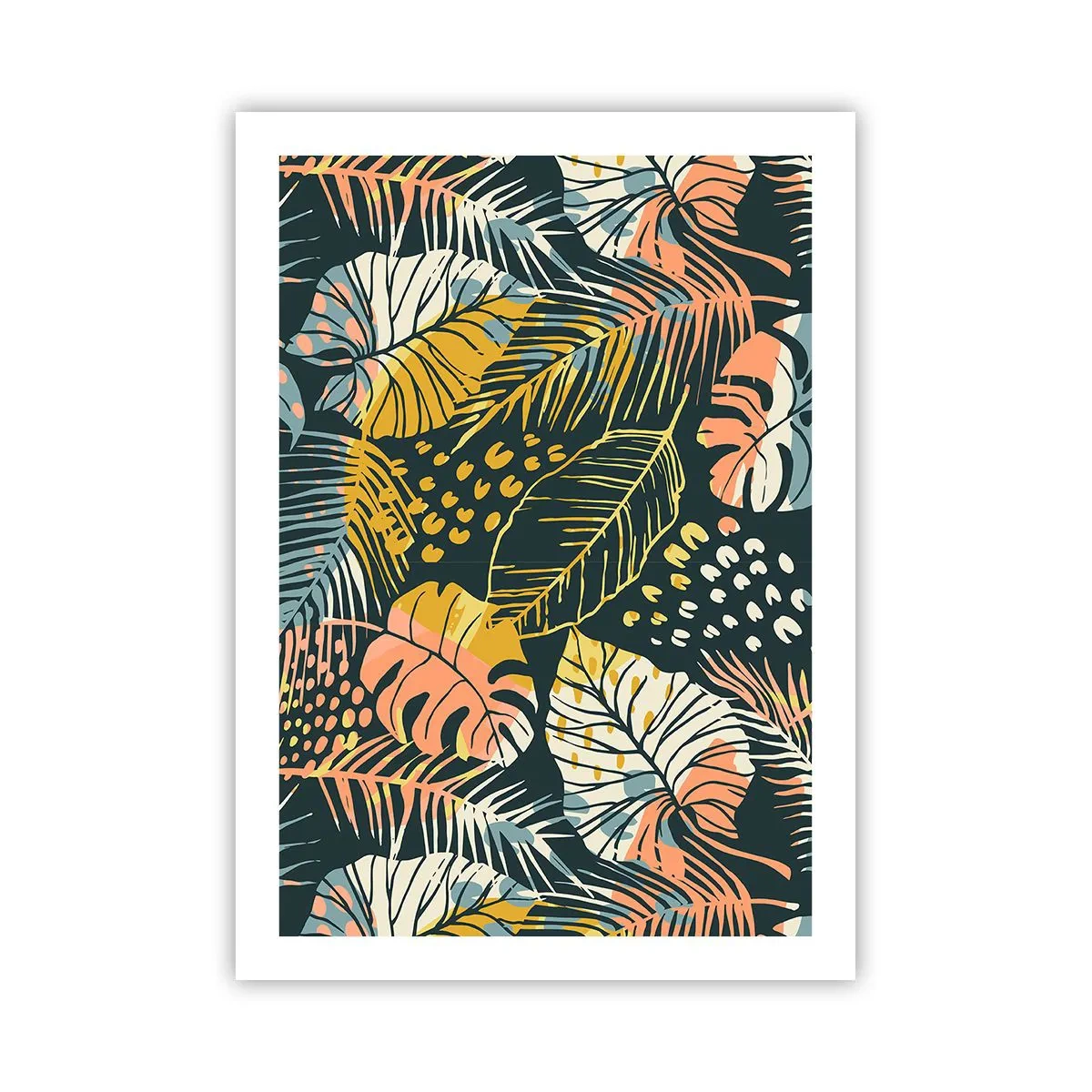 Affiche - Poster - Un motif de feuilles tropicales colorées dans des tons de vert, jaune et rose. - 50x70cm - Fantaisie feuillue - Décoration murale moderne pour le salon et la chambre ARTTOR