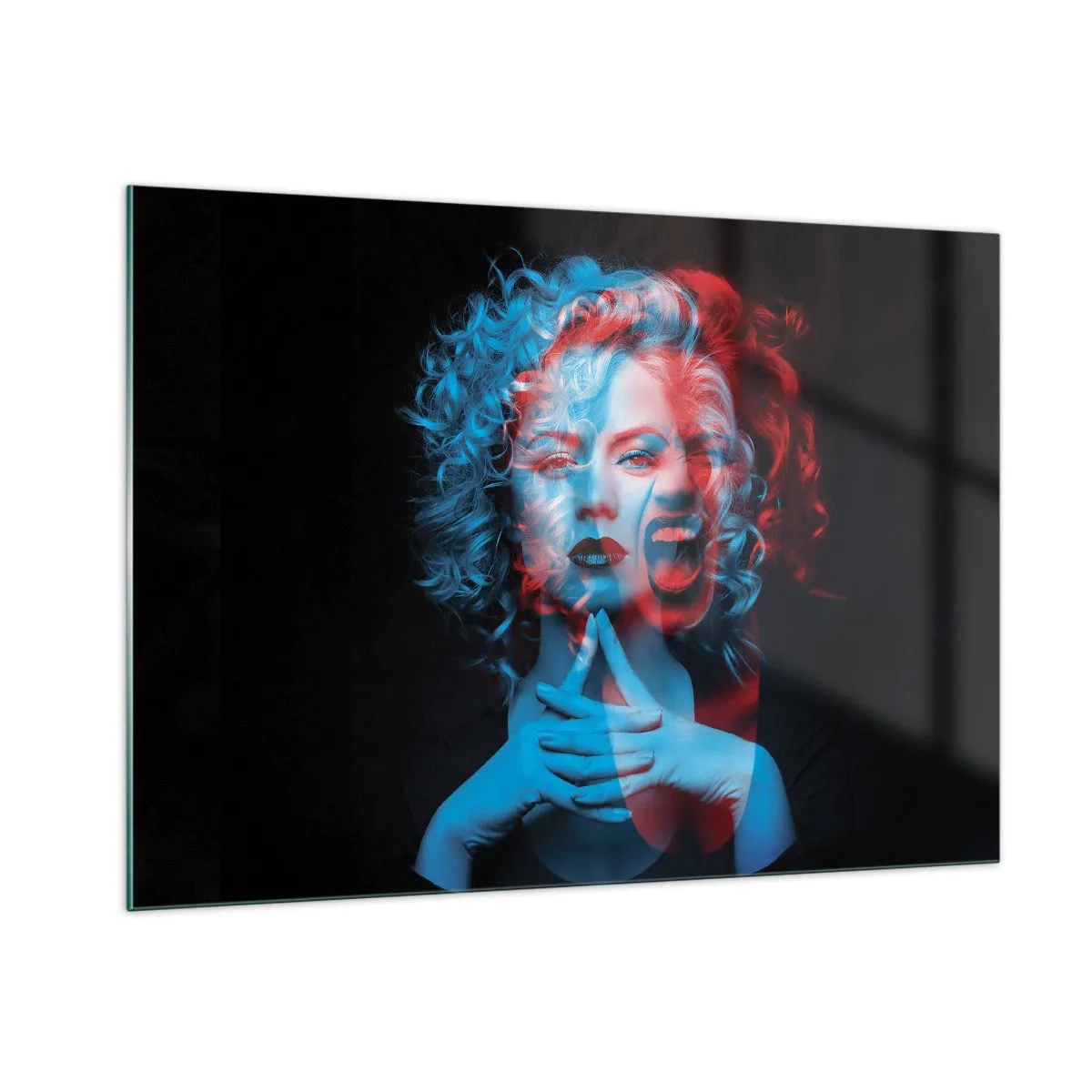 Impression sur verre - Image sur verre - Portrait d'une femme avec un effet de changement de couleur, dans les tons bleus et rouges - 100x70cm - Alter ego - Décoration murale moderne pour le salon et la chambre ARTTOR