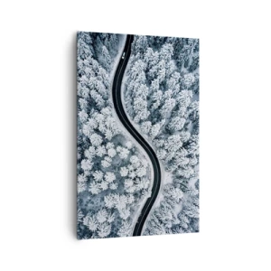 Impression sur toile - Image sur toile - Vue aérienne d'une route sinueuse dans une forêt hivernale - 80x120cm - À travers une forêt d'hiver - Décoration murale moderne pour le salon et la chambre ARTTOR