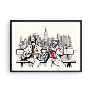 Affiche dans un cadre noir - Poster - Un duo de jazz avec saxophone et guitare sur fond de ville - 70x50cm - improvisation new-yorkaise - Décoration murale moderne pour le salon et la chambre ARTTOR