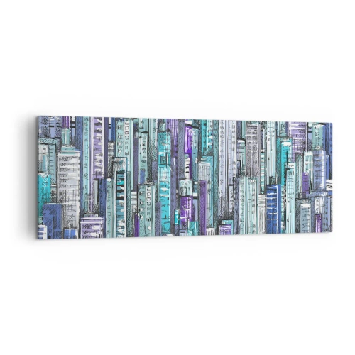 Impression sur toile - Image sur toile - Illustration d'une ville avec des bâtiments géométriques dans des tons de bleu et de violet. - 140x50cm - Bleuâtre avec le ciel - Décoration murale moderne pour le salon et la chambre ARTTOR