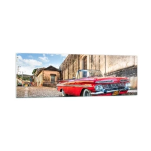Impression sur verre - Image sur verre - Voiture classique rouge dans une rue pavée - 160x50cm - Émotions cubaines - Décoration murale moderne pour le salon et la chambre ARTTOR