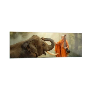Impression sur verre - Image sur verre - Un moine et un éléphant en harmonie avec la nature en toile de fond - 160x50cm - Rencontre en voyageant - Décoration murale moderne pour le salon et la chambre ARTTOR