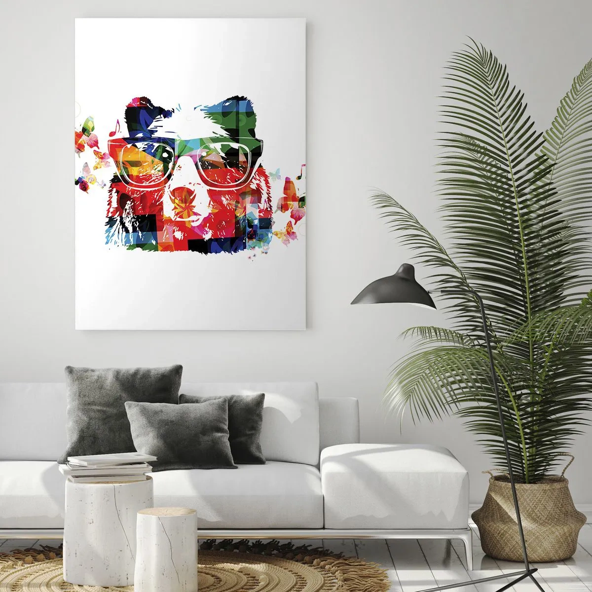 Impression sur verre - Image sur verre - Ours coloré avec des lunettes de style pop art sur le thème de la musique - 50x70cm - Ca plait au chien! - Décoration murale moderne pour le salon et la chambre ARTTOR