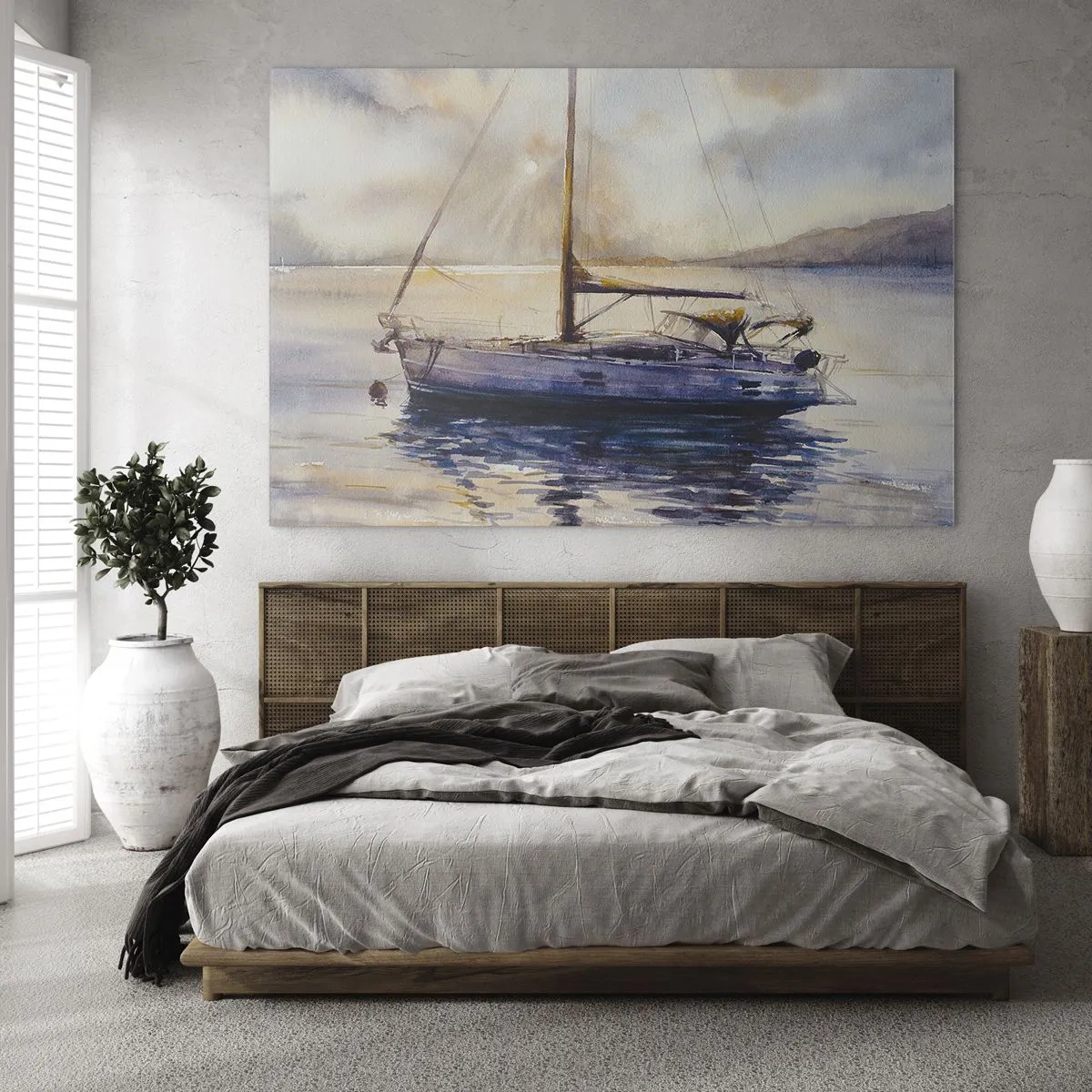 Impression sur verre - Image sur verre - Un yacht amarré dans une baie tranquille au crépuscule - 120x80cm - Soirée sur la baie - Décoration murale moderne pour le salon et la chambre ARTTOR