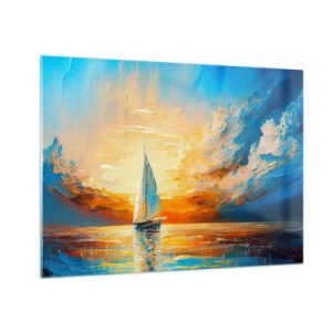 Impression sur verre - Image sur verre - Un voilier en mer à la lumière du soleil couchant - 70x50cm - Expédition en or - Décoration murale moderne pour le salon et la chambre ARTTOR