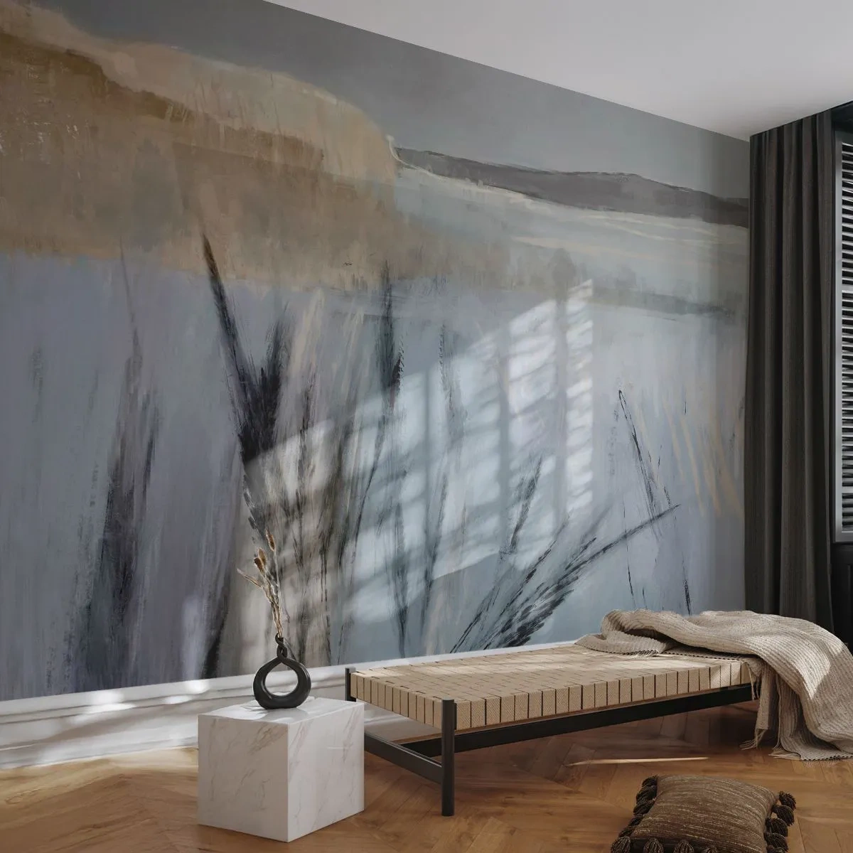 Papier Peint Photo Standard Eco - Champs d'herbe d'hiver pittoresques contre un ciel pastel - 100x70cm - Champs d'hiver - Décoration murale moderne pour le salon et la chambre ARTTOR