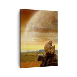 Impression sur toile - Image sur toile - Des singes assis sur un rocher dans un paysage surréaliste avec une planète géante - 50x70cm - L'amour est le même partout - Décoration murale moderne pour le salon et la chambre ARTTOR