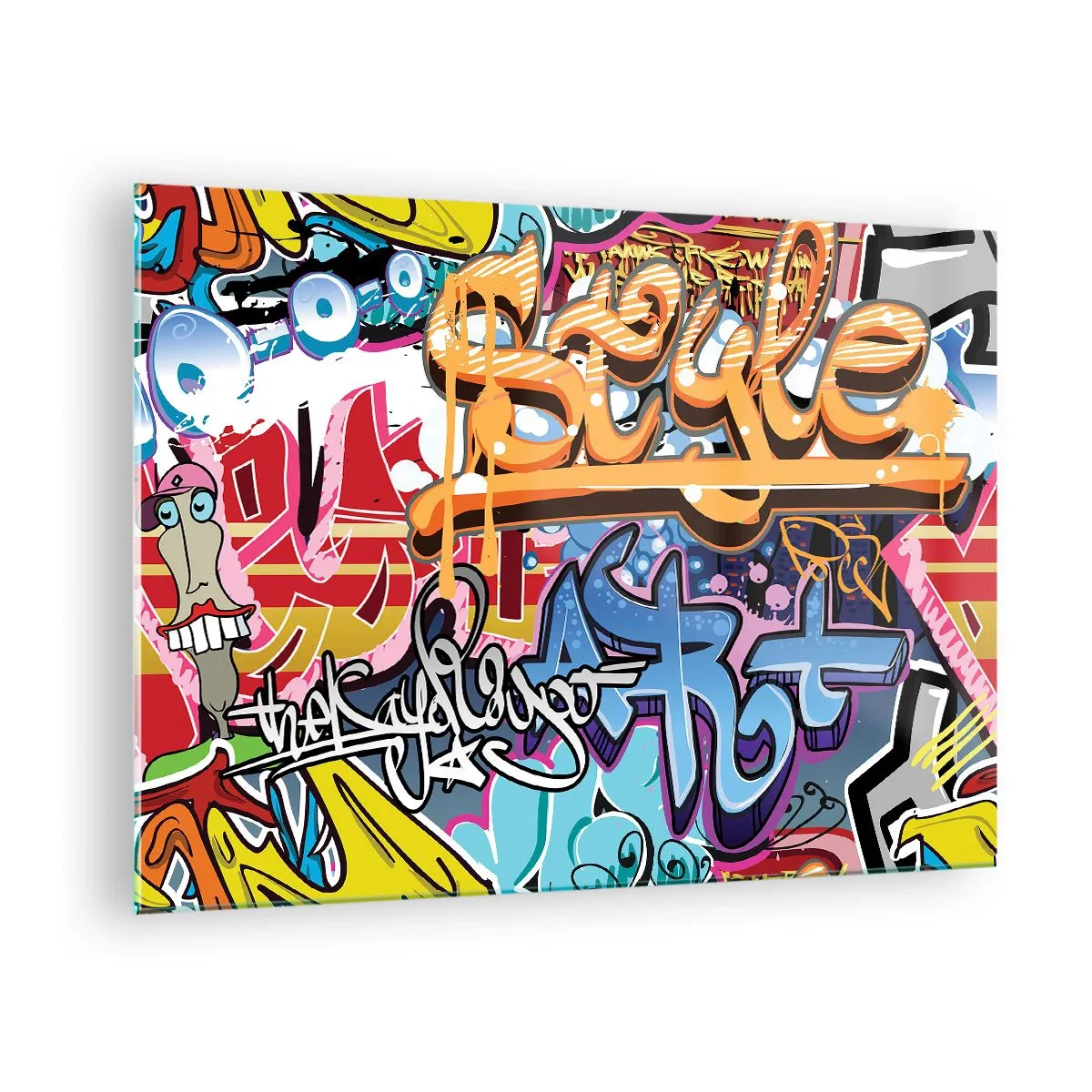 Impression sur verre - Image sur verre - Graffitis colorés avec inscriptions et dessins dynamiques - 70x50cm - Fresques, fresques, fresques… - Décoration murale moderne pour le salon et la chambre ARTTOR