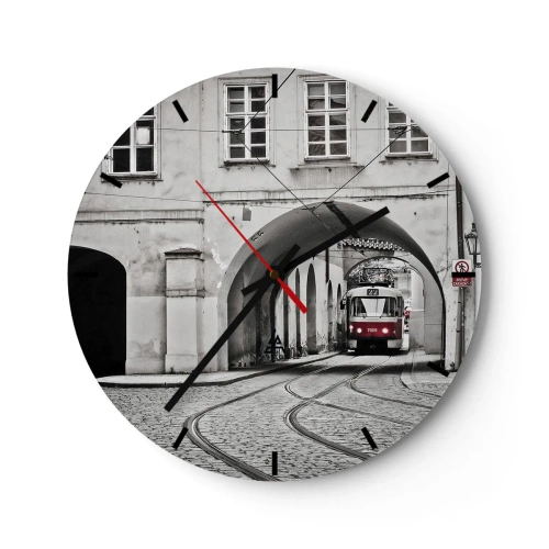 Horloge murale - Pendule murale - Un tramway passant sous une arche dans un style monochrome. - 30x30cm - Dans le labyrinthe de la ville - Décoration murale moderne pour le salon, la cuisine et la chambre ARTTOR