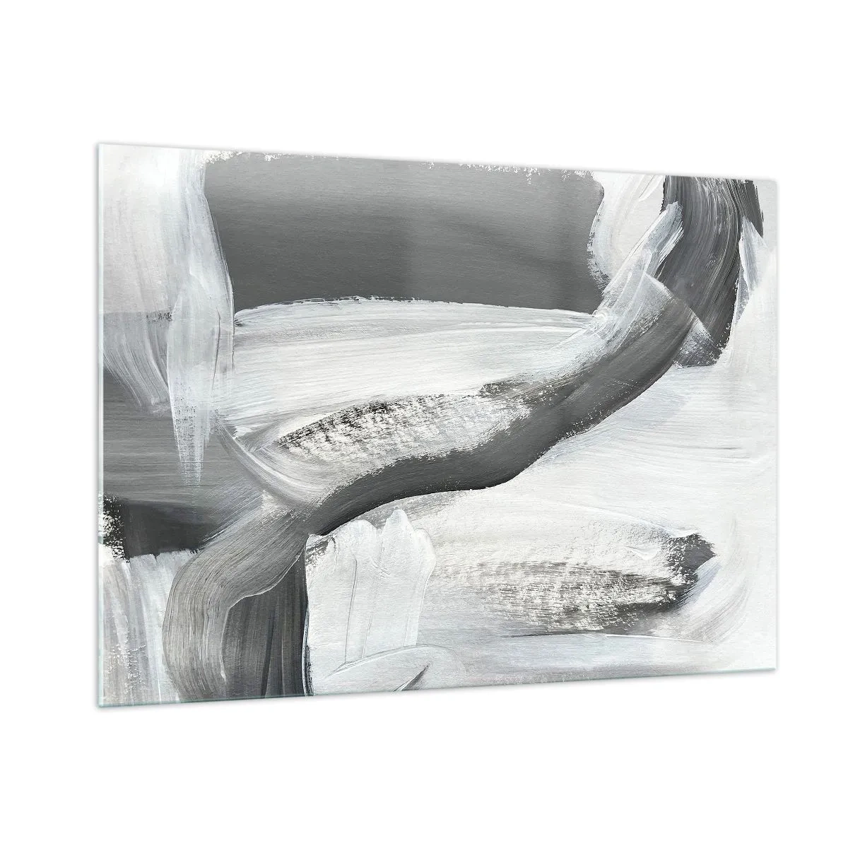 Impression sur verre - Image sur verre - Abstraction en noir et blanc avec des coups de pinceau dynamiques. - 100x70cm - Un geste décisif - Décoration murale moderne pour le salon et la chambre ARTTOR