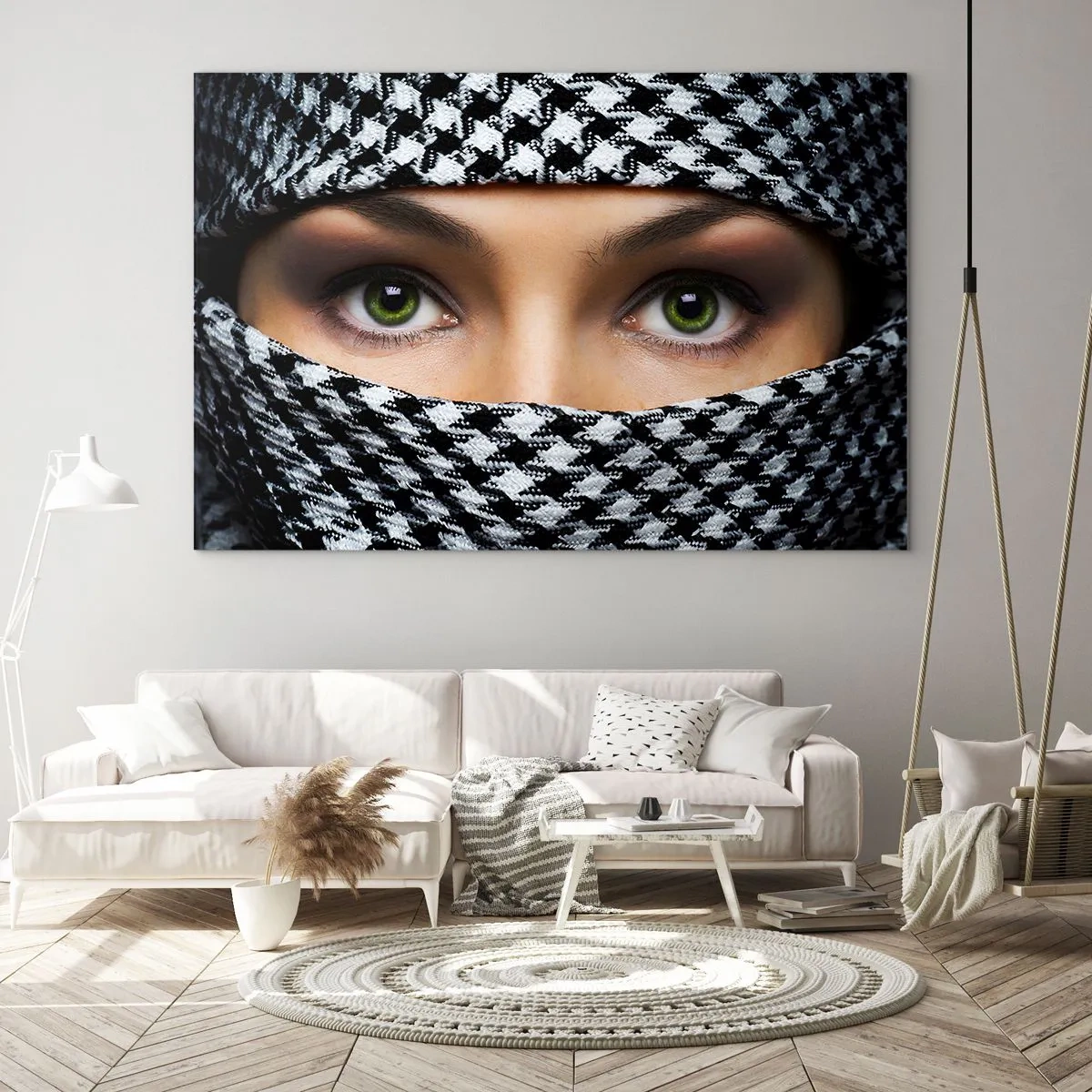 Impression sur verre - Image sur verre - Yeux verts entourés d'un motif noir et blanc - 70x50cm - Un portrait d'une beauté voilée aux yeux verts - Décoration murale moderne pour le salon et la chambre ARTTOR