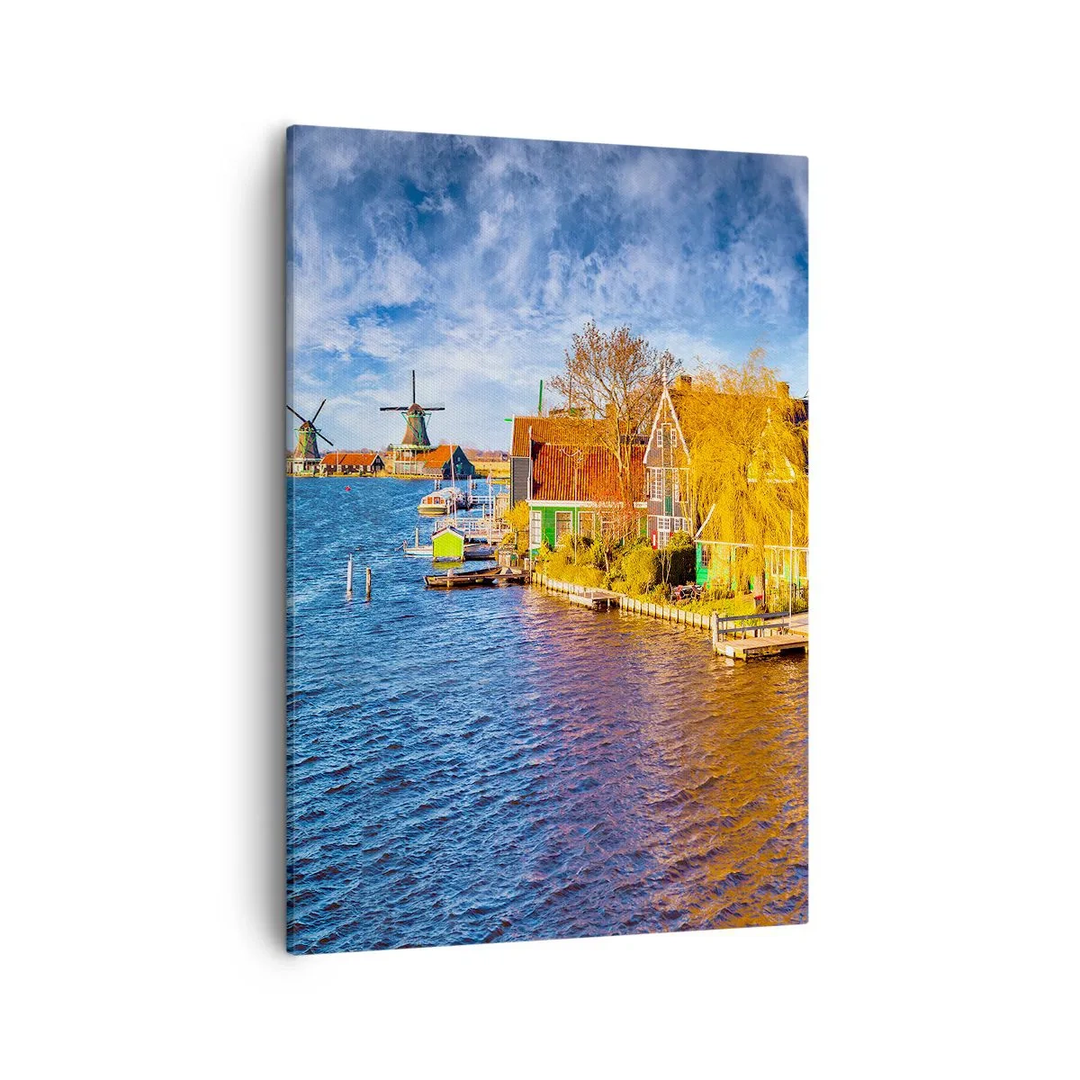 Impression sur toile - Image sur toile - Maisons pittoresques et moulins à vent au bord de l'eau - 50x70cm - C'est pareil depuis des lustres - Décoration murale moderne pour le salon et la chambre ARTTOR