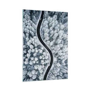 Impression sur verre - Image sur verre - Une route sinueuse à travers une forêt hivernale vue depuis un drone - 50x70cm - À travers une forêt d'hiver - Décoration murale moderne pour le salon et la chambre ARTTOR