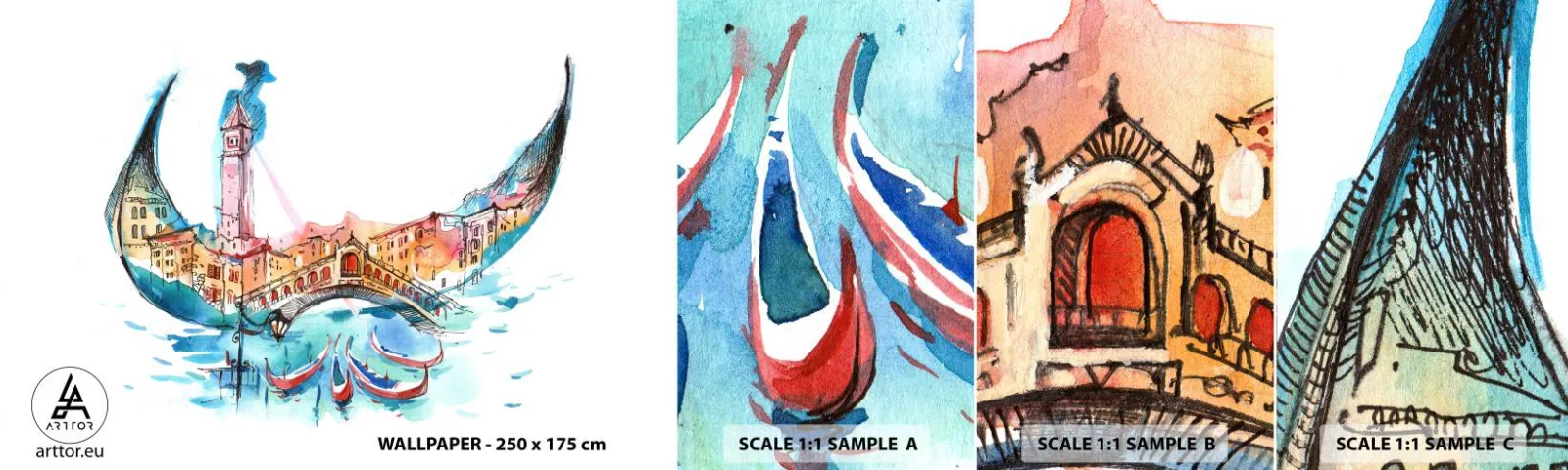 Échantillon de Papier Peint Autocollant Deluxe Sticker - Nous naviguons à travers la ville - Abstraction, Venise, Pont - 100x30 cm