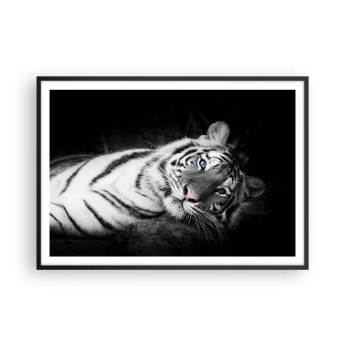 Affiche dans un cadre noir - Poster - Un tigre blanc rendu artistiquement sur un fond noir - 100x70cm - Sauvagerie et paix - Décoration murale moderne pour le salon et la chambre ARTTOR