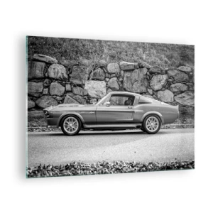 Impression sur verre - Image sur verre - Une voiture classique contre un mur de pierre - 70x50cm - Légende des années 60 - Décoration murale moderne pour le salon et la chambre ARTTOR