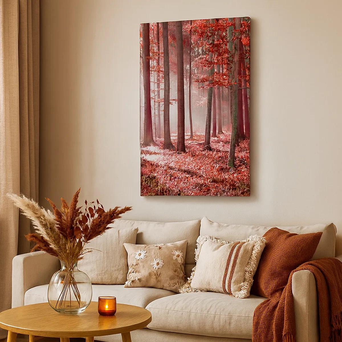 Impression sur toile - Image sur toile - Une forêt époustouflante aux teintes rouges avec des rayons de lumière pénétrant à travers les arbres - 50x70cm - Le rouge est tout aussi beau - Décoration murale moderne pour le salon et la chambre ARTTOR
