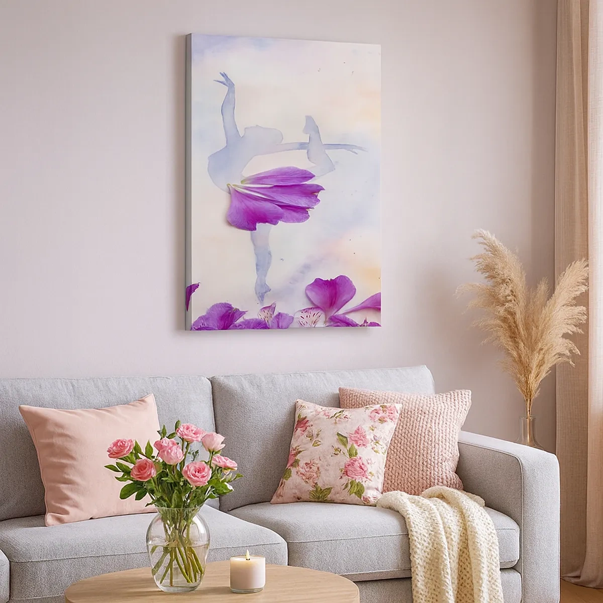 Impression sur toile - Image sur toile - Une danseuse en robe à pétales de fleurs sur fond pastel - 50x70cm - Délicat comme une fleur - Décoration murale moderne pour le salon et la chambre ARTTOR
