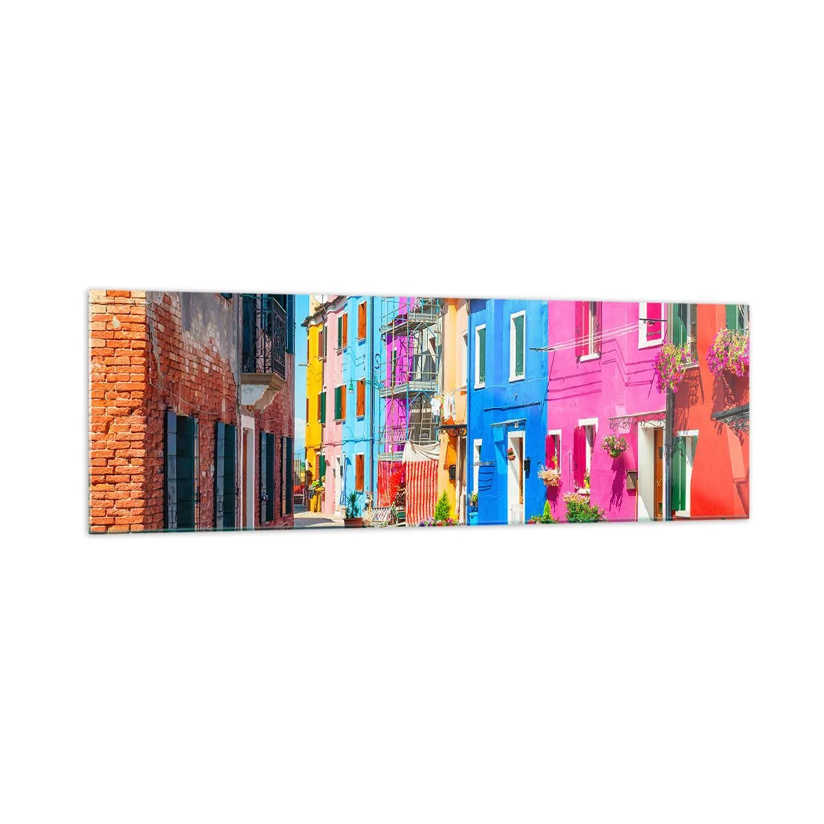 Impression sur verre - Image sur verre - Bâtiments colorés dans une rue étroite de la ville - 160x50cm - Ville "Sous les perroquets" - Décoration murale moderne pour le salon et la chambre ARTTOR
