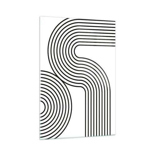 Impression sur verre - Image sur verre - Une peinture abstraite avec des lignes noires créant des motifs géométriques sur un fond blanc. - 70x100cm - En plein virage - Décoration murale moderne pour le salon et la chambre ARTTOR