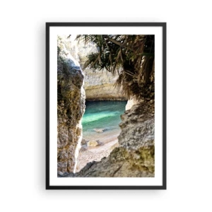 Affiche dans un cadre noir - Poster - Vue de la plage cachée à travers une crevasse rocheuse - 50x70cm - Baie turquoise - Décoration murale moderne pour le salon et la chambre ARTTOR