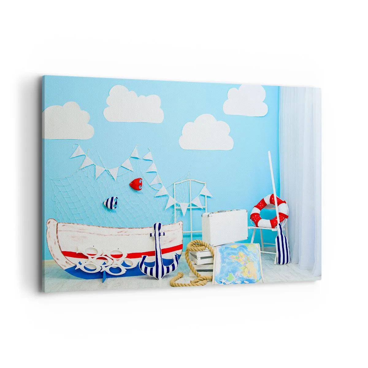 Impression sur toile - Image sur toile - Décoration nautique avec un bateau et des accessoires sur fond bleu - 100x70cm - Nostalgie infantile de l'aventure - Décoration murale moderne pour le salon et la chambre ARTTOR
