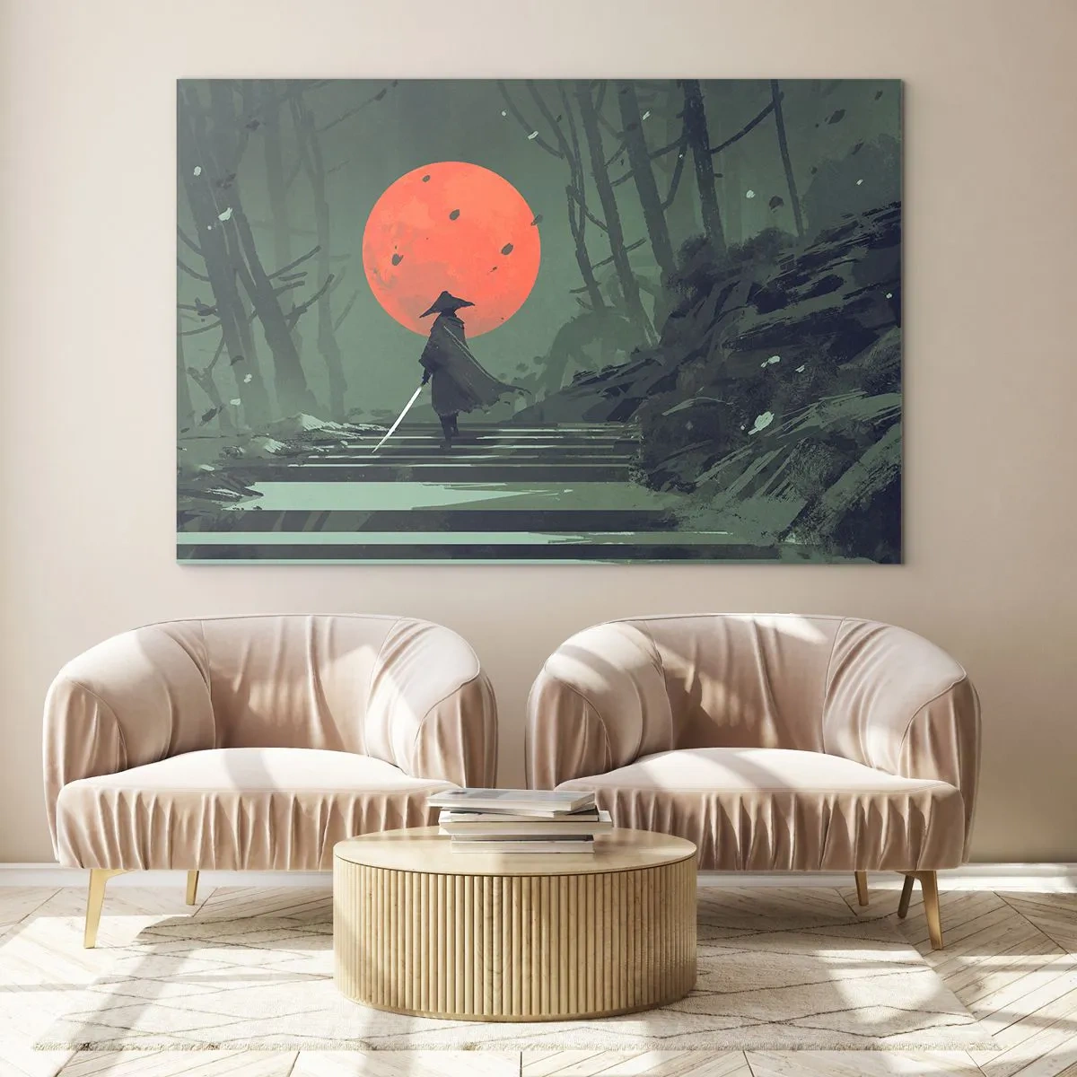 Impression sur verre - Image sur verre - Un guerrier solitaire avec une épée dans la forêt sur fond de lune rouge. - 70x50cm - Guerrier de la lune rouge - Décoration murale moderne pour le salon et la chambre ARTTOR