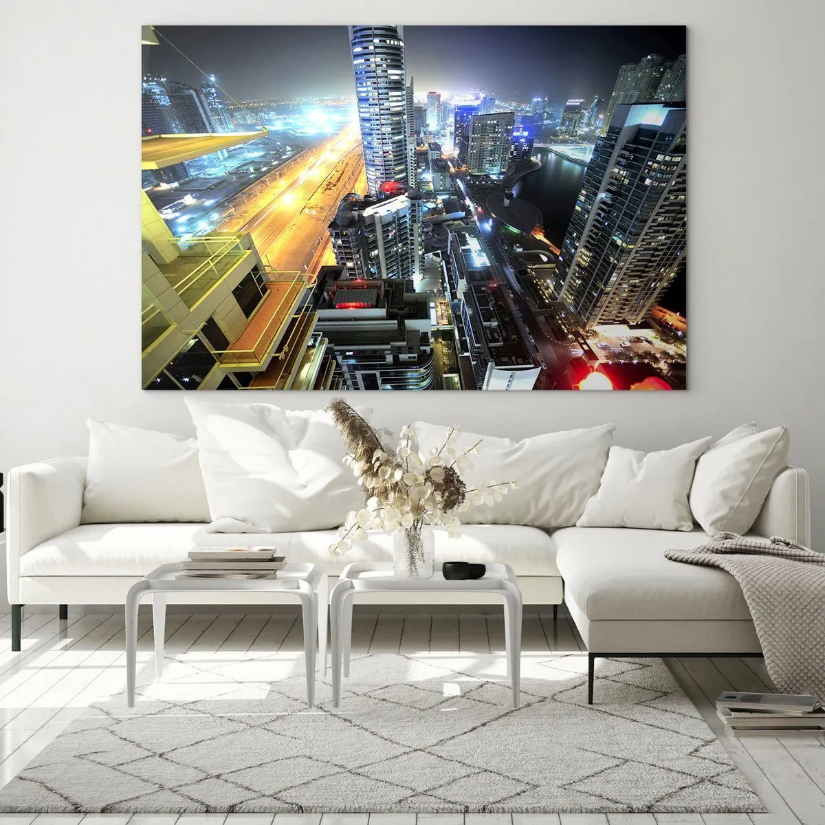 Impression sur verre - Image sur verre - Panorama de la ville nocturne avec des gratte-ciel illuminés - 70x50cm - Un miracle dans le désert - Décoration murale moderne pour le salon et la chambre ARTTOR