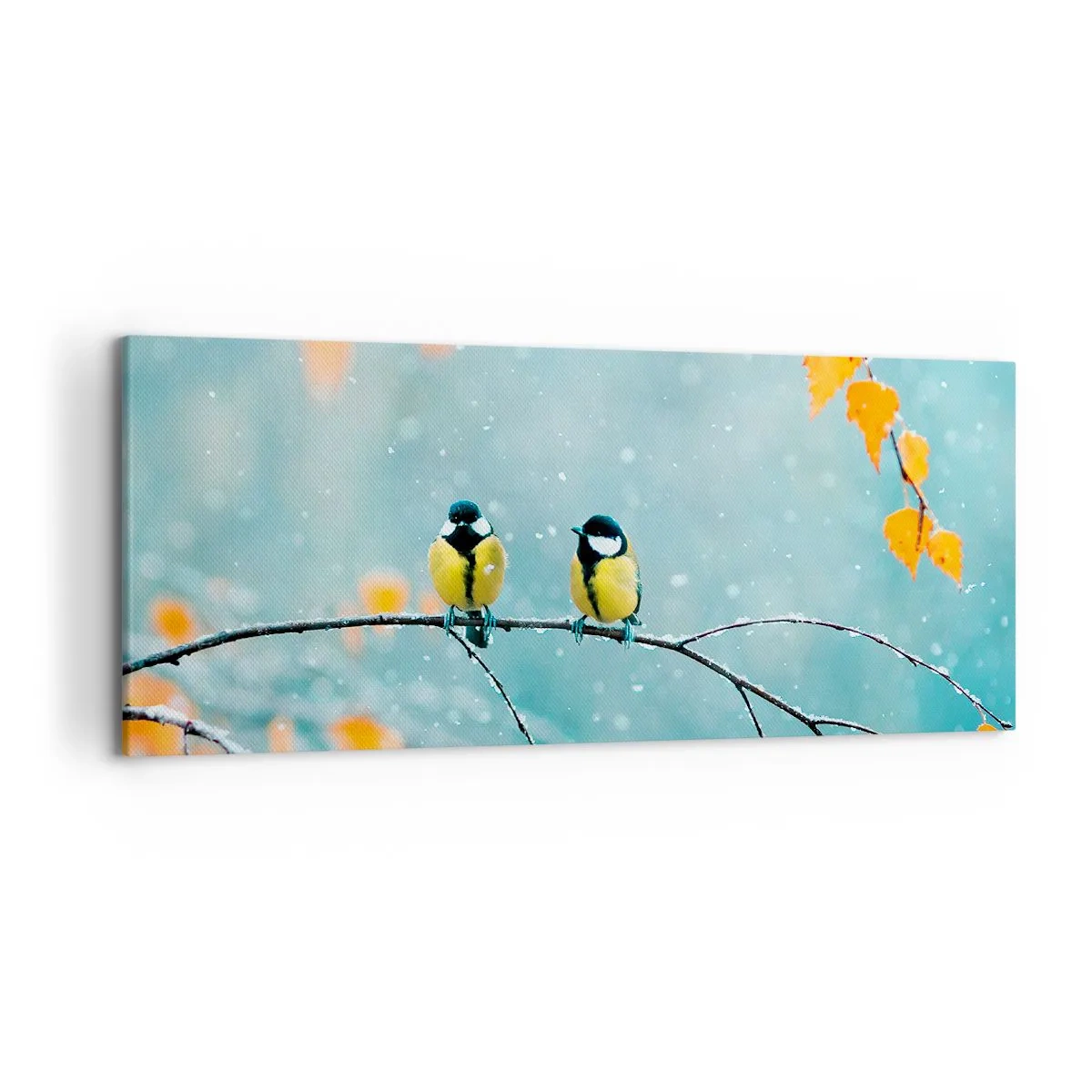 Impression sur toile - Image sur toile - Deux oiseaux sur une branche dans un décor hivernal avec des feuilles jaunes. - 120x50cm - Potins d'oiseaux - Décoration murale moderne pour le salon et la chambre ARTTOR